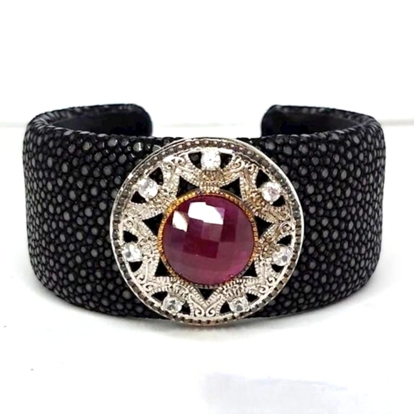 Jewelry - Sterling Silver Pink Sapphire & White Topaz Shagreen Cuff Bracelet